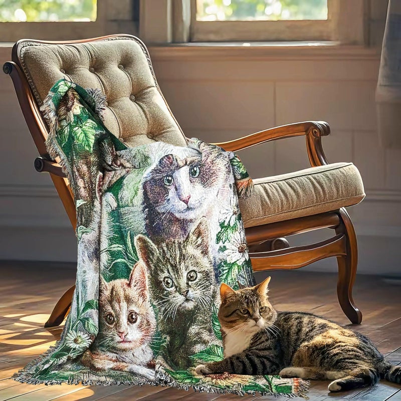 EZ.enjoy Garden Cat Flower Woven Tapestry Throw Blanket Wall Hanging Art Handicrafts Jacquard Multipurpose Soft Travel Mat Outdoor with Fringe Tassels 50 X 60 Inches - Image 2